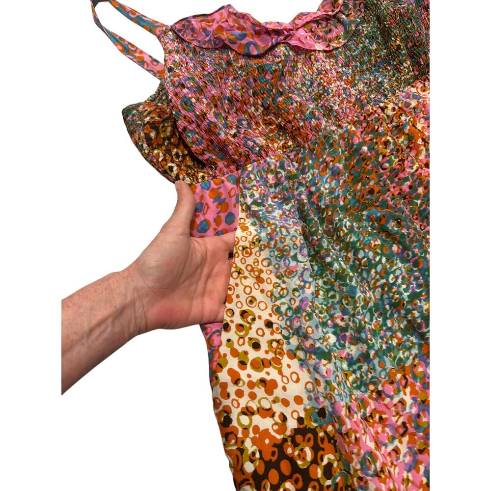 Anthropologie Size L Maeve Confetti Whirl Dress smocked bodice ruffle 100% silk. - Picture 2 of 9